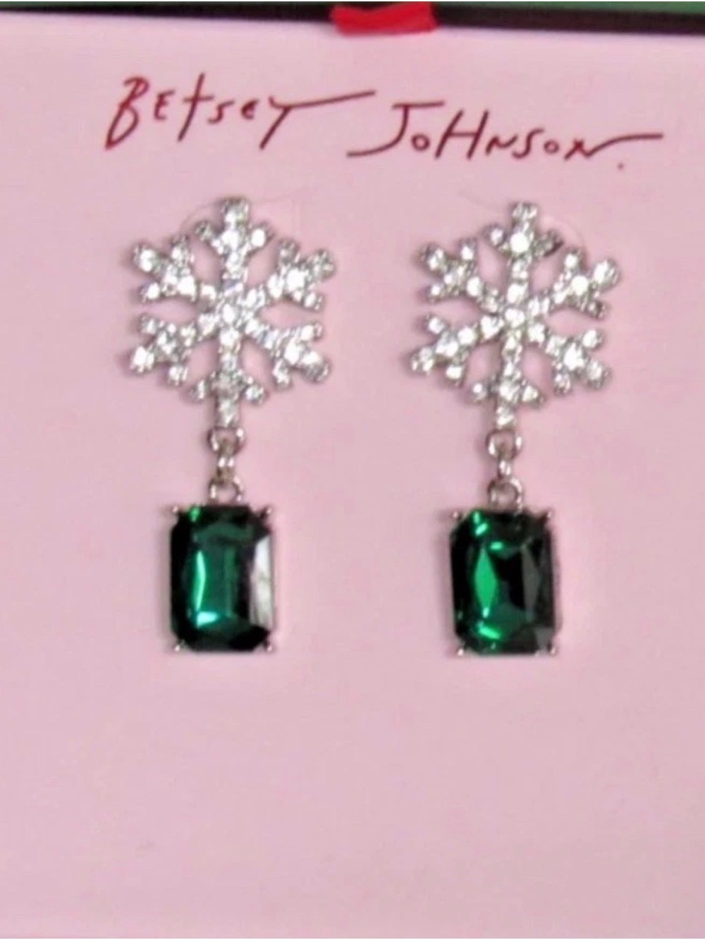 Betsey Johnson Emerald Crystal Snowflake Drop Earrings